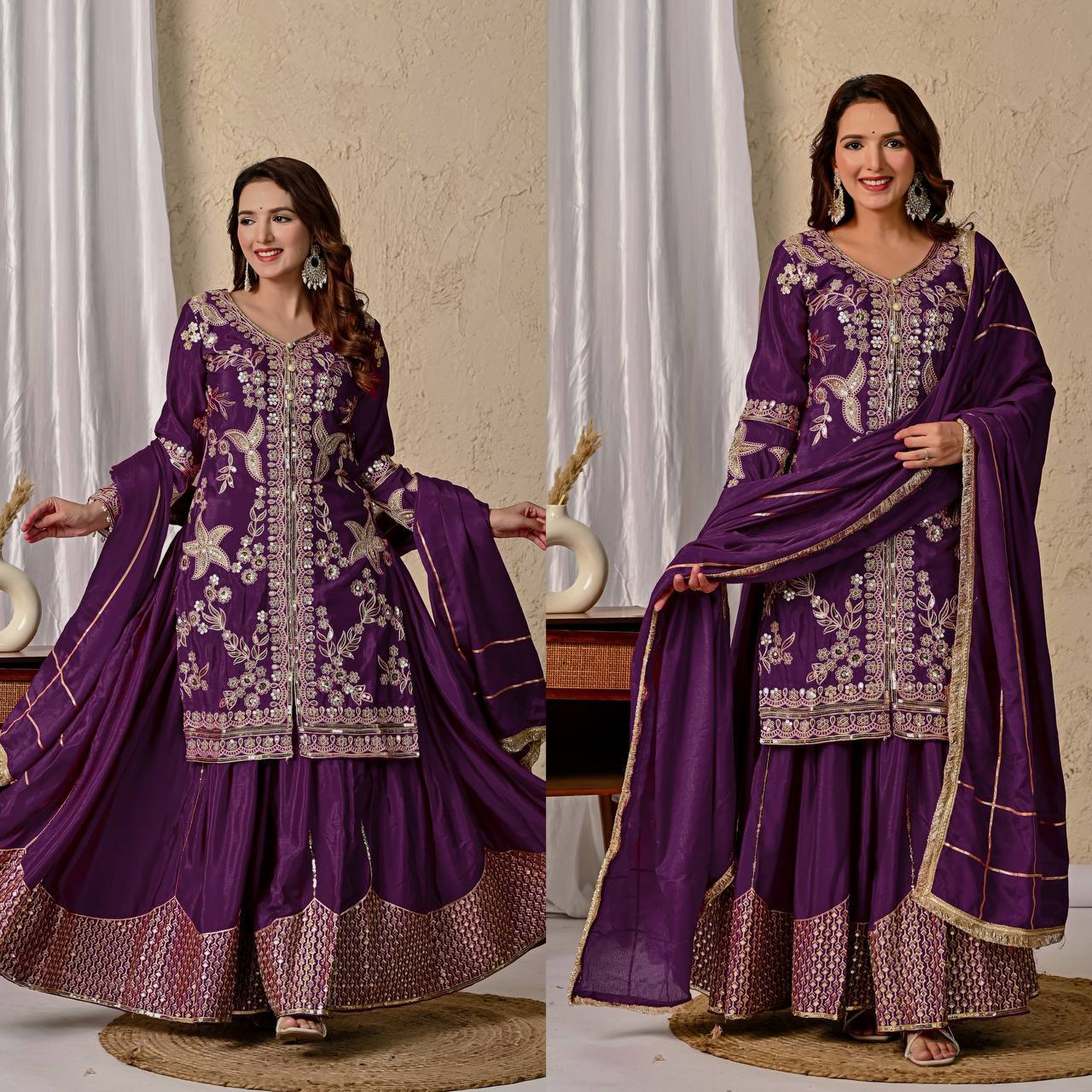 Regal Wine Purple Kurti and Flared Palazzo Suit Set Embellished with Intricate Floral Zari and Mirror Work